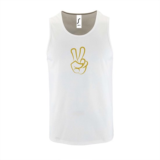 Witte Tanktop sportshirt met "Peace / Vrede teken" Print Goud Size M