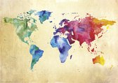 Poster wereldkaart - waterverf - aquarel - kleuren - werelddelen - 84 x 60 cm