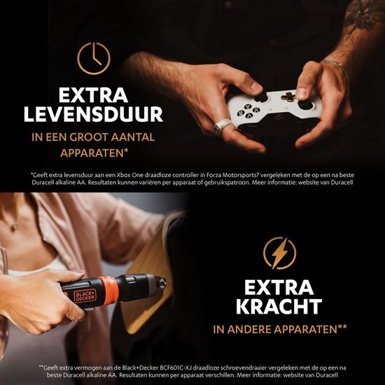 Mains tenant une manette de jeu et une visseuse, illustrant la durée de vie et la puissance supplémentaires des piles.