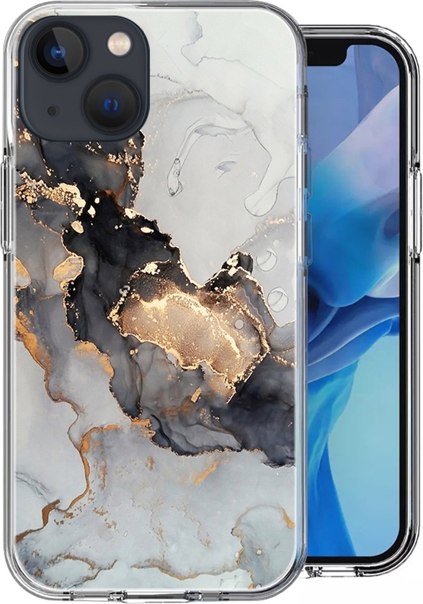 Hoesje geschikt voor iPhone 13 - Siliconen Shock Proof Case Back Cover Hoes Marmer Goud