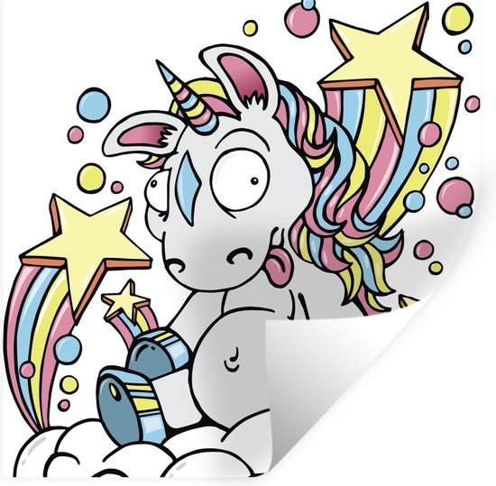 Muurstickers - Sticker Folie - Een illustratie van een witte eenhoorn op een wolk - Meiden - Kinderen - Kids - 120x120 cm - Plakfolie - Muurstickers Kinderkamer - Zelfklevend Behang XXL - Zelfklevend behangpapier - Stickerfolie