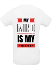 Huurdies Sportshirt | My mind is my weapon | maat L | Bedrukkingskleur  rood | shirt wit