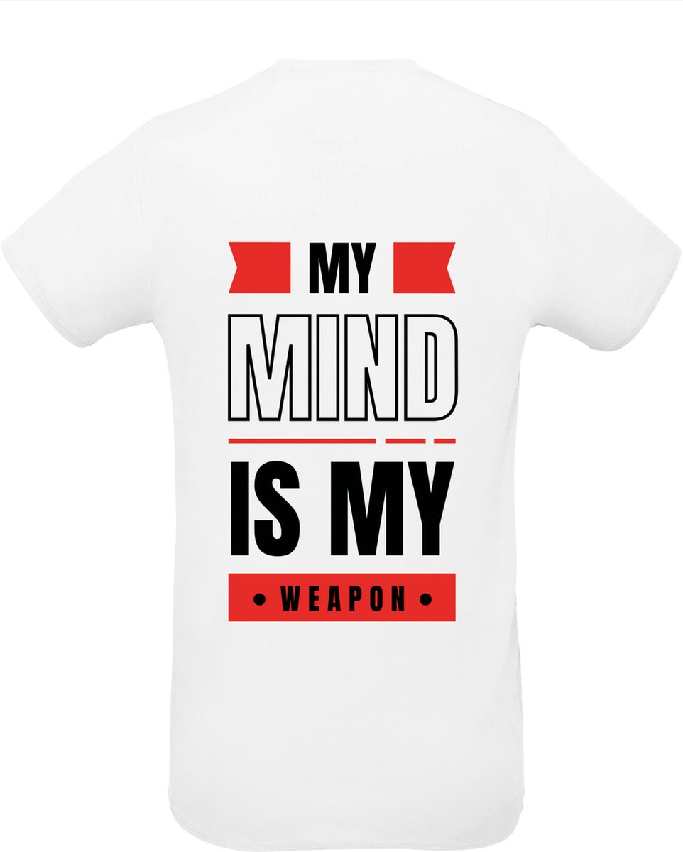 Huurdies Sportshirt | My mind is my weapon | maat L | Bedrukkingskleur rood | shirt wit