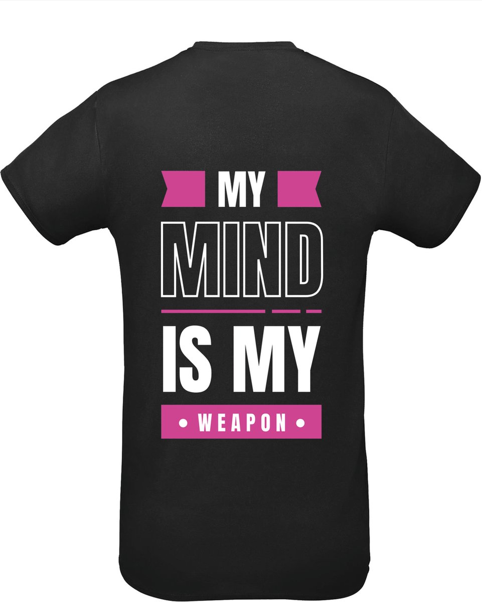 Huurdies Sportshirt | My mind is my weapon | maat L | Bedrukkingskleur roze | shirt zwart