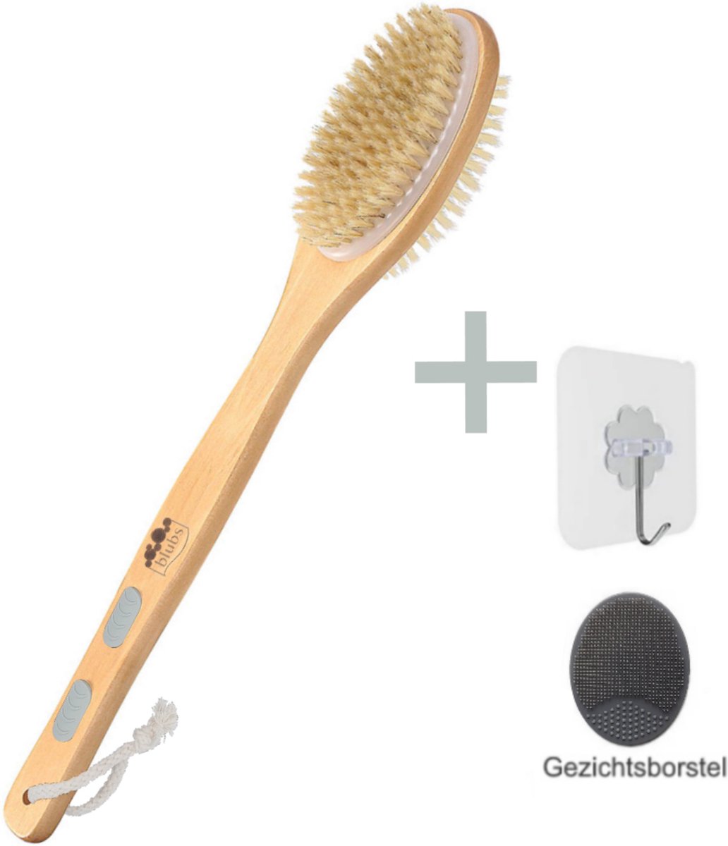 Goedkoopste Blubs® – Houten Badborstel – Dry brush – Rug Scrubber – Lichaamsborstel – Rugborstel douche met steel – Huidborstel – Rugborstel hout – Houten Badborstel met steel – Doucheborstel met steel – Houten borstel – Droogborstel – Massag