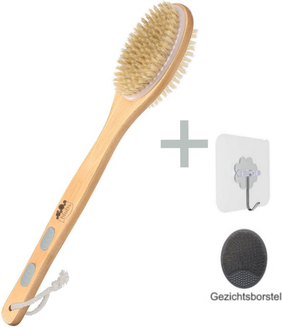 Blubs® – Houten Badborstel – Dry brush – Rug Scrubber – Lichaamsborstel – Rugborstel douche met steel – Huidborstel – Rugborstel hout – Houten Badborstel met steel – Doucheborstel met steel – Houten borstel – Droogborstel – Massage – Grijs