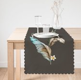 Bedrukt Velvet textiel Tafelloper 45x135 -Blauw&Bruin veren - Runner -De Groen Home