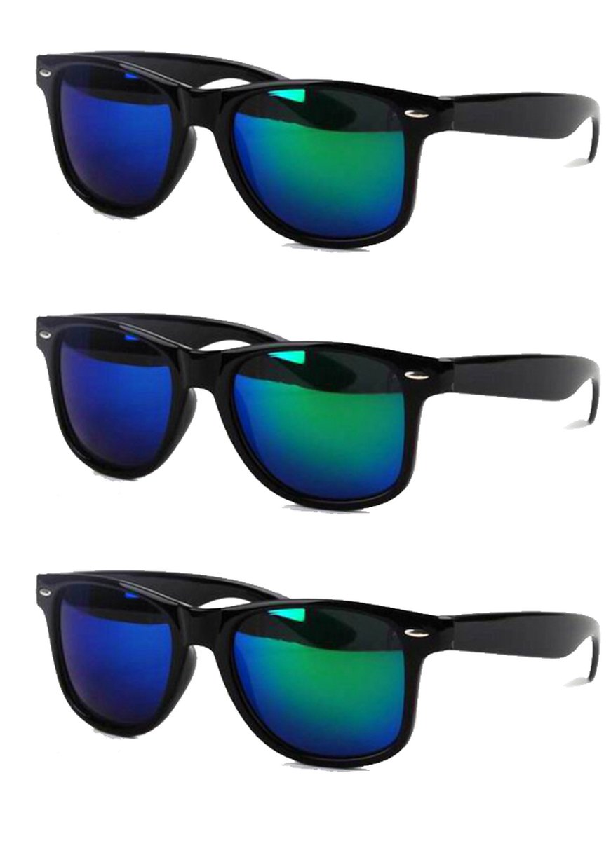 KJG - Klassieke Zonnebrillen - Zwart Montuur - Groen Blauw Spiegel - 3 stuks