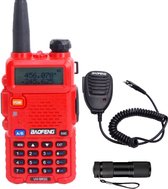 Baofeng UV-5R Walkie Talkie - UHF & VHF - 5W - Verlichte LCD Scherm & Toetsenbord - 128 Kanalen - 12KM Bereik - Rood - Incl. Microfoon & Mini Zaklamp