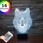 3D Lamp - 16 kleuren - Wolf - Dieren - LED Illusie - Bureaulamp - Nachtlampje - Sfeerlamp - Dimbaar - USB of Batterijen - Afstandsbediening - Cadeau voor jongens - Kinderen