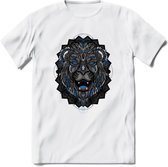 Leeuw - Dieren Mandala T-Shirt | Blauw | Grappig Verjaardag Zentangle Dierenkop Cadeau Shirt | Dames - Heren - Unisex | Wildlife Tshirt Kleding Kado | - Wit - S