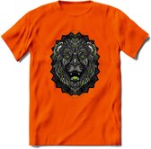 Leeuw - Dieren Mandala T-Shirt | Groen | Grappig Verjaardag Zentangle Dierenkop Cadeau Shirt | Dames - Heren - Unisex | Wildlife Tshirt Kleding Kado | - Oranje - S