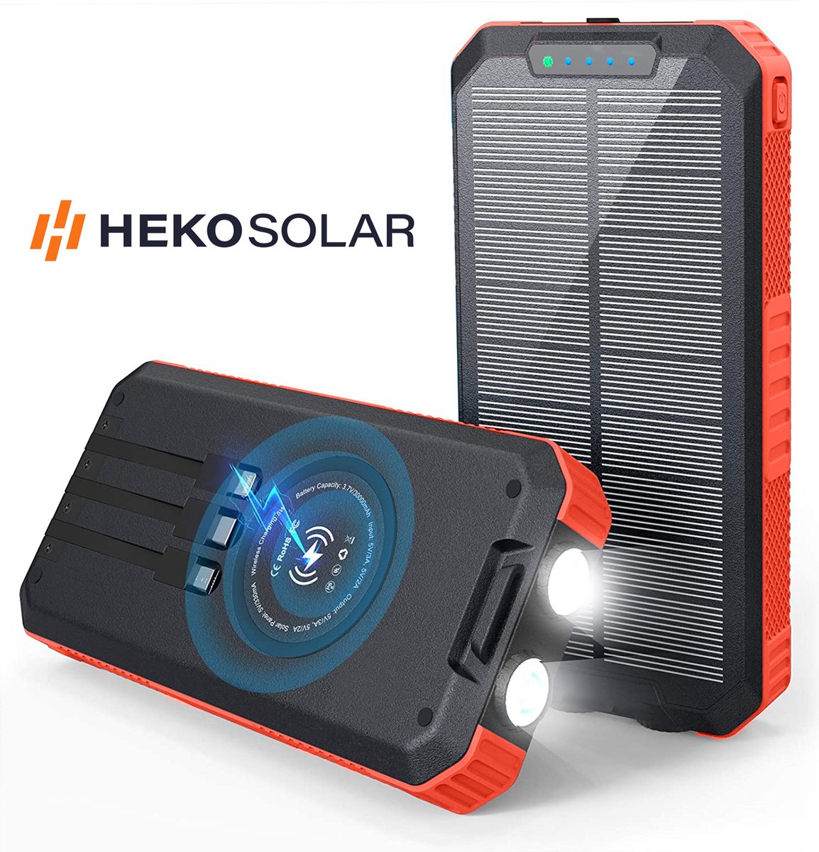 HEKO Solar® - Solar Powerbank Spark 30000mAh - Ingebouwde kabels - Iphone &  Samsung -... | bol