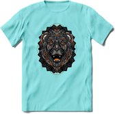 Leeuw - Dieren Mandala T-Shirt | Oranje | Grappig Verjaardag Zentangle Dierenkop Cadeau Shirt | Dames - Heren - Unisex | Wildlife Tshirt Kleding Kado | - Licht Blauw - XL