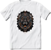 Leeuw - Dieren Mandala T-Shirt | Oranje | Grappig Verjaardag Zentangle Dierenkop Cadeau Shirt | Dames - Heren - Unisex | Wildlife Tshirt Kleding Kado | - Wit - XL