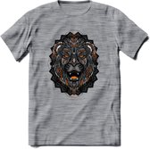 Leeuw - Dieren Mandala T-Shirt | Oranje | Grappig Verjaardag Zentangle Dierenkop Cadeau Shirt | Dames - Heren - Unisex | Wildlife Tshirt Kleding Kado | - Donker Grijs - Gemaleerd -