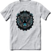 Beer - Dieren Mandala T-Shirt | Lichtblauw | Grappig Verjaardag Zentangle Dierenkop Cadeau Shirt | Dames - Heren - Unisex | Wildlife Tshirt Kleding Kado | - Licht Grijs - Gemaleerd