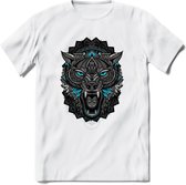 Wolf - Dieren Mandala T-Shirt | Lichtblauw | Grappig Verjaardag Zentangle Dierenkop Cadeau Shirt | Dames - Heren - Unisex | Wildlife Tshirt Kleding Kado | - Wit - XL