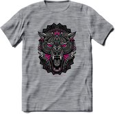 Wolf - Dieren Mandala T-Shirt | Roze | Grappig Verjaardag Zentangle Dierenkop Cadeau Shirt | Dames - Heren - Unisex | Wildlife Tshirt Kleding Kado | - Donker Grijs - Gemaleerd - 3X