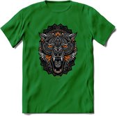 Wolf - Dieren Mandala T-Shirt | Oranje | Grappig Verjaardag Zentangle Dierenkop Cadeau Shirt | Dames - Heren - Unisex | Wildlife Tshirt Kleding Kado | - Donker Groen - XXL