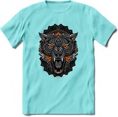 Wolf - Dieren Mandala T-Shirt | Oranje | Grappig Verjaardag Zentangle Dierenkop Cadeau Shirt | Dames - Heren - Unisex | Wildlife Tshirt Kleding Kado | - Licht Blauw - L