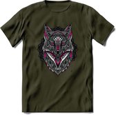 Vos - Dieren Mandala T-Shirt | Roze | Grappig Verjaardag Zentangle Dierenkop Cadeau Shirt | Dames - Heren - Unisex | Wildlife Tshirt Kleding Kado | - Leger Groen - XL