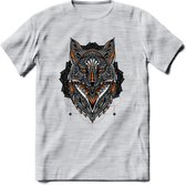 Vos - Dieren Mandala T-Shirt | Oranje | Grappig Verjaardag Zentangle Dierenkop Cadeau Shirt | Dames - Heren - Unisex | Wildlife Tshirt Kleding Kado | - Licht Grijs - Gemaleerd - S