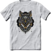 Vos - Dieren Mandala T-Shirt | Geel | Grappig Verjaardag Zentangle Dierenkop Cadeau Shirt | Dames - Heren - Unisex | Wildlife Tshirt Kleding Kado | - Licht Grijs - Gemaleerd - M