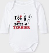 Baby Rompertje met tekst 'Bull terrier' | Lange mouw l | wit zwart | maat 62/68 | cadeau | Kraamcadeau | Kraamkado