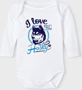 Baby Rompertje met tekst 'Husky' | Lange mouw l | wit zwart | maat 62/68 | cadeau | Kraamcadeau | Kraamkado