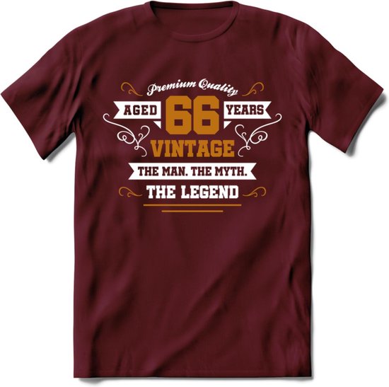 66 Jaar Legend T-Shirt | Goud - Wit | Grappig Verjaardag en Feest Cadeau Shirt | Dames - Heren - Unisex | Tshirt Kleding Kado | - Burgundy - M