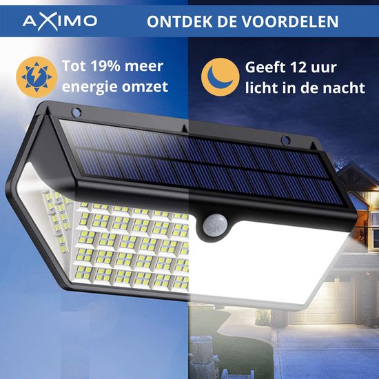 AXIMO Solar Buitenlamp met Bewegingssensor – 266 LEDs - Tuinverlichting op zonne energie – Wandlamp Buiten met 3 standen - Sensor Dag & Nacht – Buitenverlichting 2500 lumen