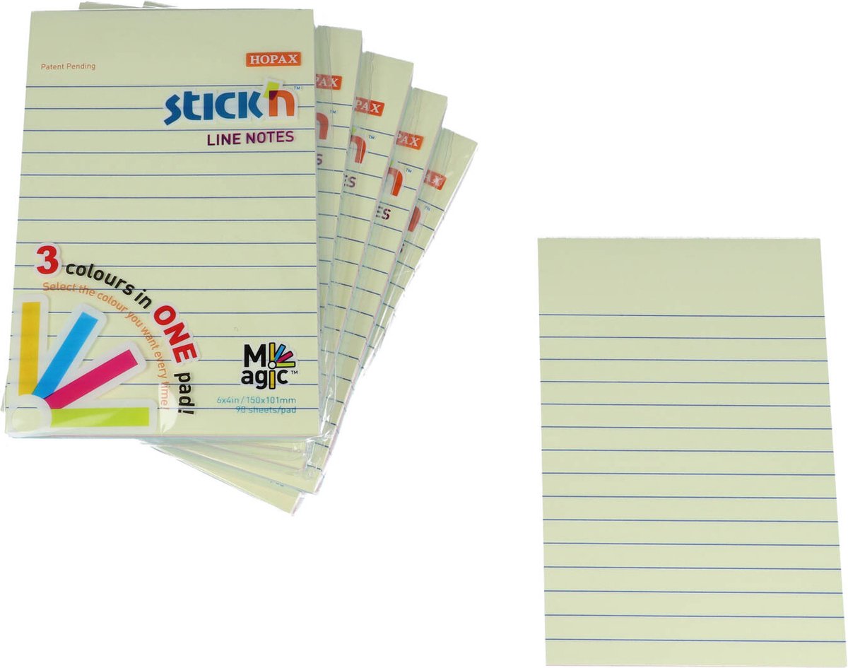Stick'n Memoblok - Sticky notes - 152 x 101 mm - 3x pastel gelijnd - Assorti kleuren - 90 memoblaadjes - 6 stuks