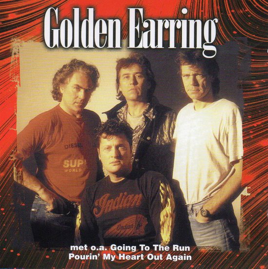 CD-hoes met de band Golden Earring. Vier mannen staan voor een rood-zwart abstracte achtergrond. De titel 'Golden Earring' staat bovenaan.
