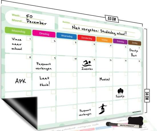 Brute Strength - Magnetisch Weekplanner whiteboard (8) - 53 x 34 cm - Planbord - Familieplanner - Gezinsplanner - To Do Planner