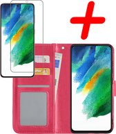 Samsung Galaxy S21 FE Hoesje Bookcase Met Screenprotector - Samsung Galaxy S21 FE Case Hoes Cover - Samsung Galaxy S21 FE Screenprotector - Donker Roze