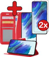 Samsung S21 FE Hoesje Book Case Hoes Portemonnee Cover Met 2x Screenprotector - Samsung Galaxy S21 FE Case Hoesje Wallet Case - Rood