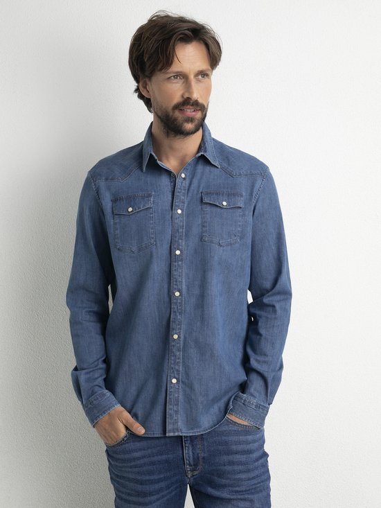 Btmpmcs Denim overhemd voor heren, casual overhemd met lange mouwen, Oxford- shirt, normaal zakelijk overhemd, dik jeanshemd, werkshirt met 2 zakken, Lichtblauw, M