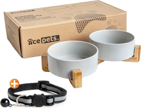 Ace Pets Keramische Voerbak Kat – Kattenvoerbakjes – Drinkbak Kat – Eetbak Kat – Waterbak Kat – Grijs – Met Standaard – 2X 400Ml