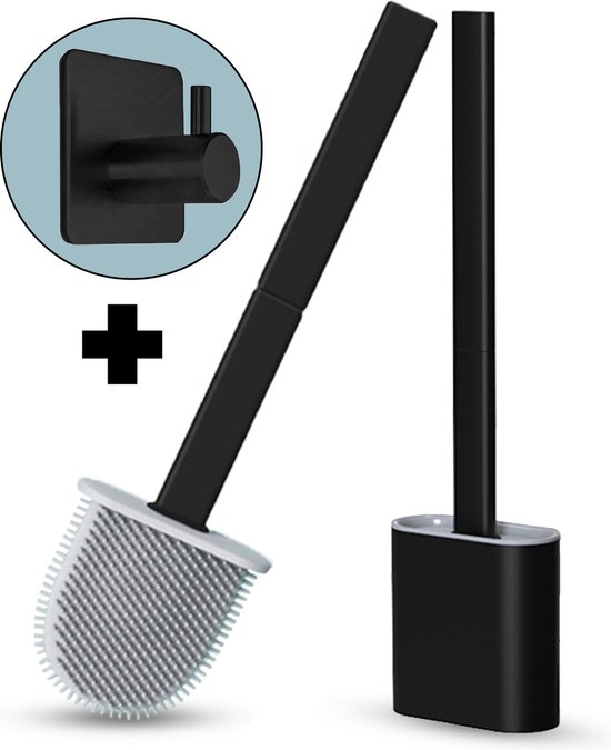 Exul® Flexibele Wc Borstel met Houder - Mat Zwart - Gratis Handdoekhaakje - Vrijstaand of Hangend - Inclusief Ophangsysteem - Toiletborstel - Siliconen - 37x10x4,3cm