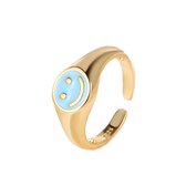 Smiley ring Goud - Blauw - ring maat 17 - Ring Smile - Ring Emoji - Smileyring