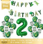 Cijfer Ballon 2 Jaar Dino * Hoera 2 Jaar Snoes * Mega Pack Dinosaurus Dino Ballonnen Jungle Safari 20 x Latex 1 x Cijfer &  1 x DIY Slinger Happy Birthday * 80 cm Verjaardag Nummer