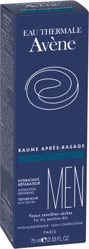 Donkerblauwe kartonnen verpakking voor Avène Men Aftershave Balsem, met witte tekst en een cirkelvormig logo.