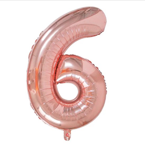 Folie Ballon 6 Jaar Rosé Goud Cijfer 6 met Gratis Rietje en Ophanglintje