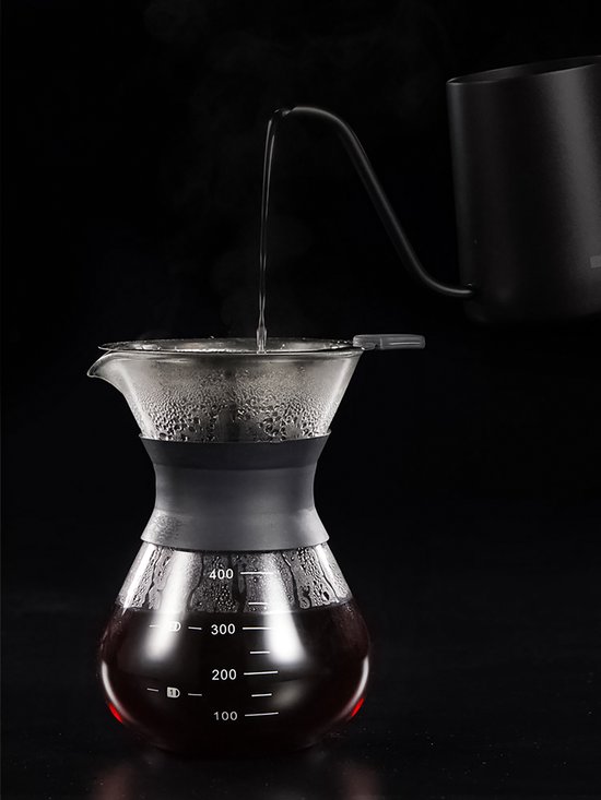 Pour Over Koffiepot met Permanent RVS koffiefilter - Slow Coffee Maker Kit - Glazen Cafetière - Koffekan Drip Gieter - Dripper Koffiemaker - Handmatig Filterkoffie koffiezetapparaat met Herbruikbaar Koffie Filter - Koffiefilterhouder V60 set - 500 ML