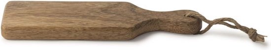 Houten serveerplankje met handvat en touwlus, op witte achtergrond.