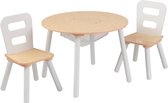 Furnibella ronde, houten tafel met opbergruimte en 2 stoelen, voor kinderen. Meubels voor de kinderspeelkamer of slaapkamer, naturel en wit