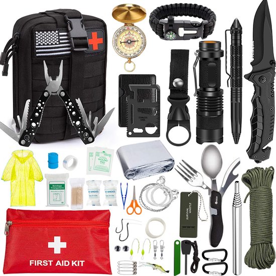 Outdoor Survival Kit – Uitgebreide Set met Knife, Tool, Mes, Kompas, Paracord Armband, Zakmes en Meer – Vuurstarter – Vuursteen – Firesteel – Firestarter – Magnesium Stick – Visdraad