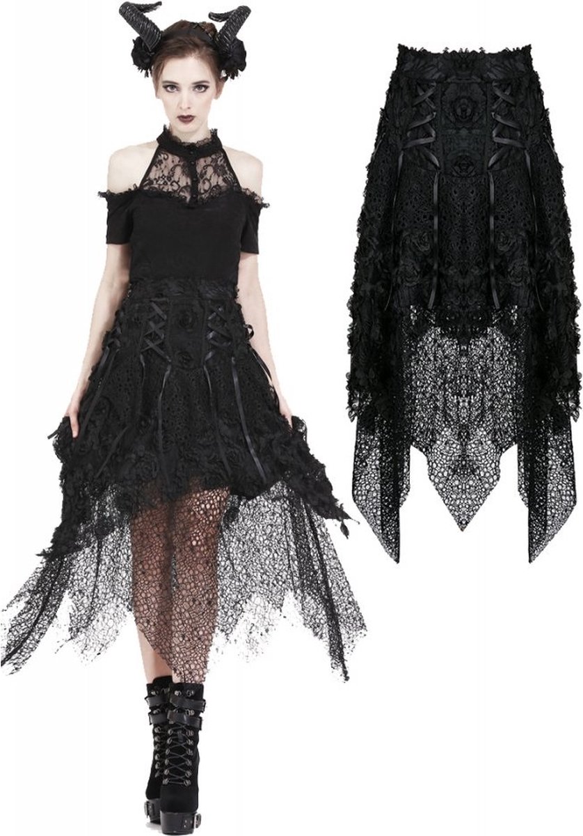 Dark in Love Korte rok -XL- Punk disorderly flower and mesh skirt with irregular hem Zwart
