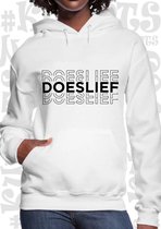 DOESLIEF dames hoodie – Wit - Maat XL - Lange mouwen - Met capuchon en steekzakken - Normale Pasvorm - Grappige teksten | Designs - Original Kwoots - Humor - Trui - Sweater - Doe g